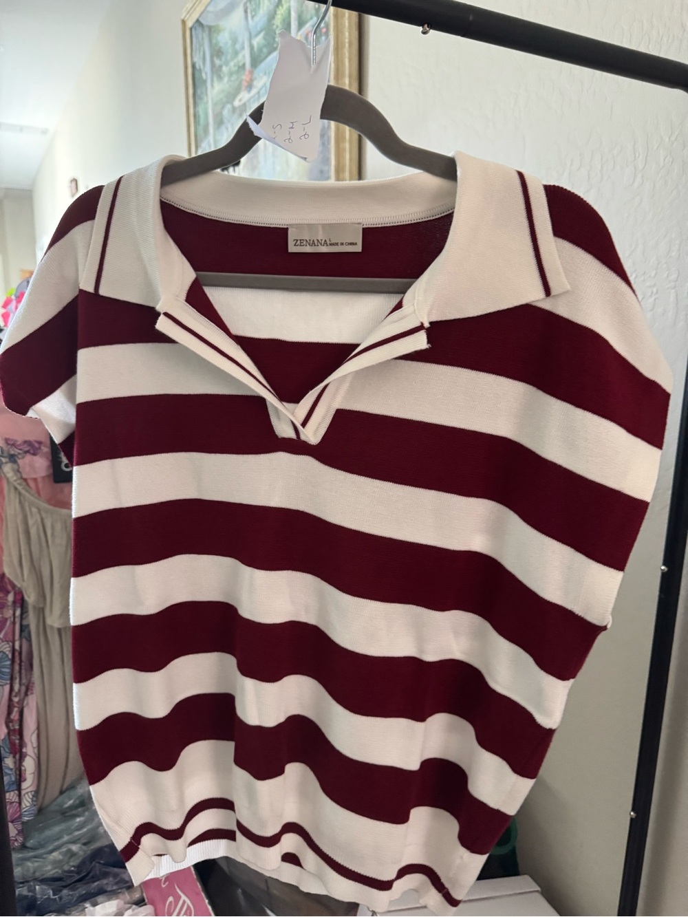 Zenana Outfitters Burgundy and White Striped Polo Sweater